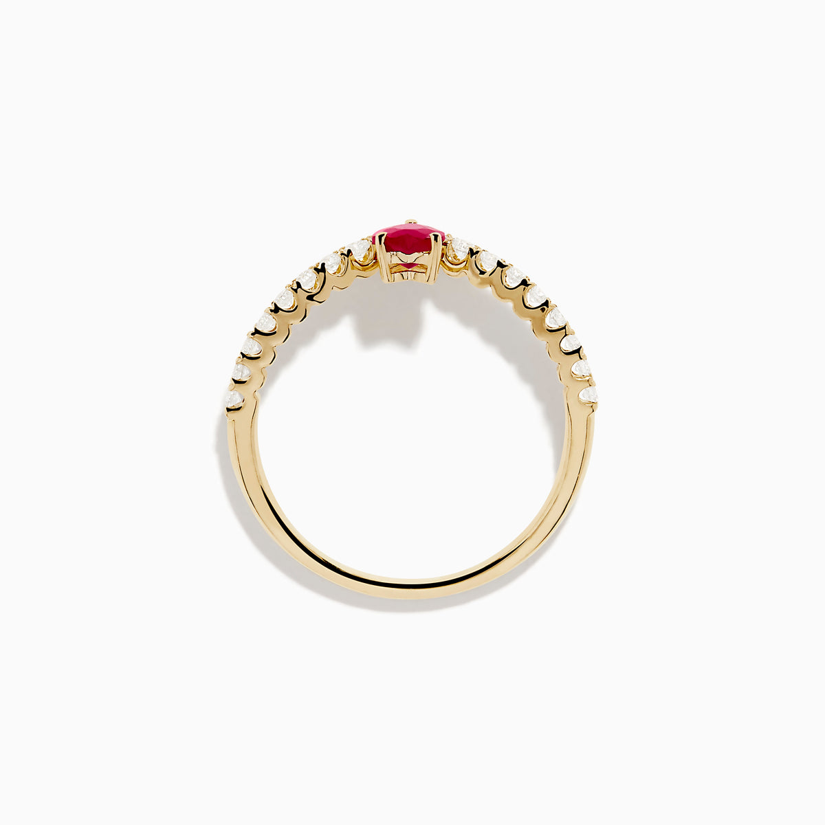 The 14K Yellow Gold Ruby Heart and Diamond Contoured Ring features a V-shaped band set with white diamonds and a vivid ruby heart at its center.