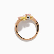 The Trio 18K Three Tone Gold Multi Color Diamond Bouquet Ring showcases overlapping loops with pink, yellow, and white diamonds in a delicate floral-inspired bouquet design.