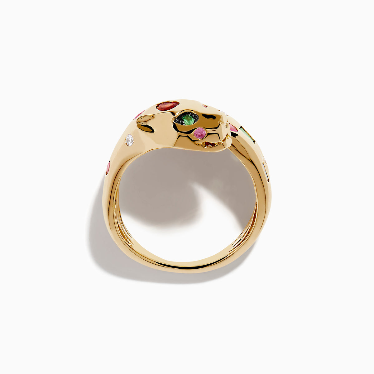 The Signature 14K Gold Multi Sapphire and Diamond Panther Wrap Ring features a panther design adorned with vibrant green, red, blue, and pink sapphires, plus diamonds, set in 14K gold against a white background.