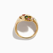 The Signature 14K Gold Multi Sapphire and Diamond Panther Wrap Ring features a panther design adorned with vibrant green, red, blue, and pink sapphires, plus diamonds, set in 14K gold against a white background.