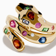 The Signature 14K Gold Multi Sapphire and Diamond Panther Wrap Ring features a panther design adorned with vibrant green, red, blue, and pink sapphires, plus diamonds, set in 14K gold against a white background.