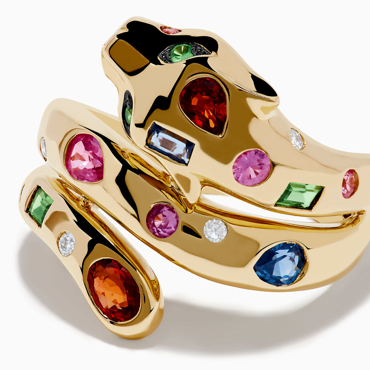 The Signature 14K Gold Multi Sapphire and Diamond Panther Wrap Ring features a panther design adorned with vibrant green, red, blue, and pink sapphires, plus diamonds, set in 14K gold against a white background.