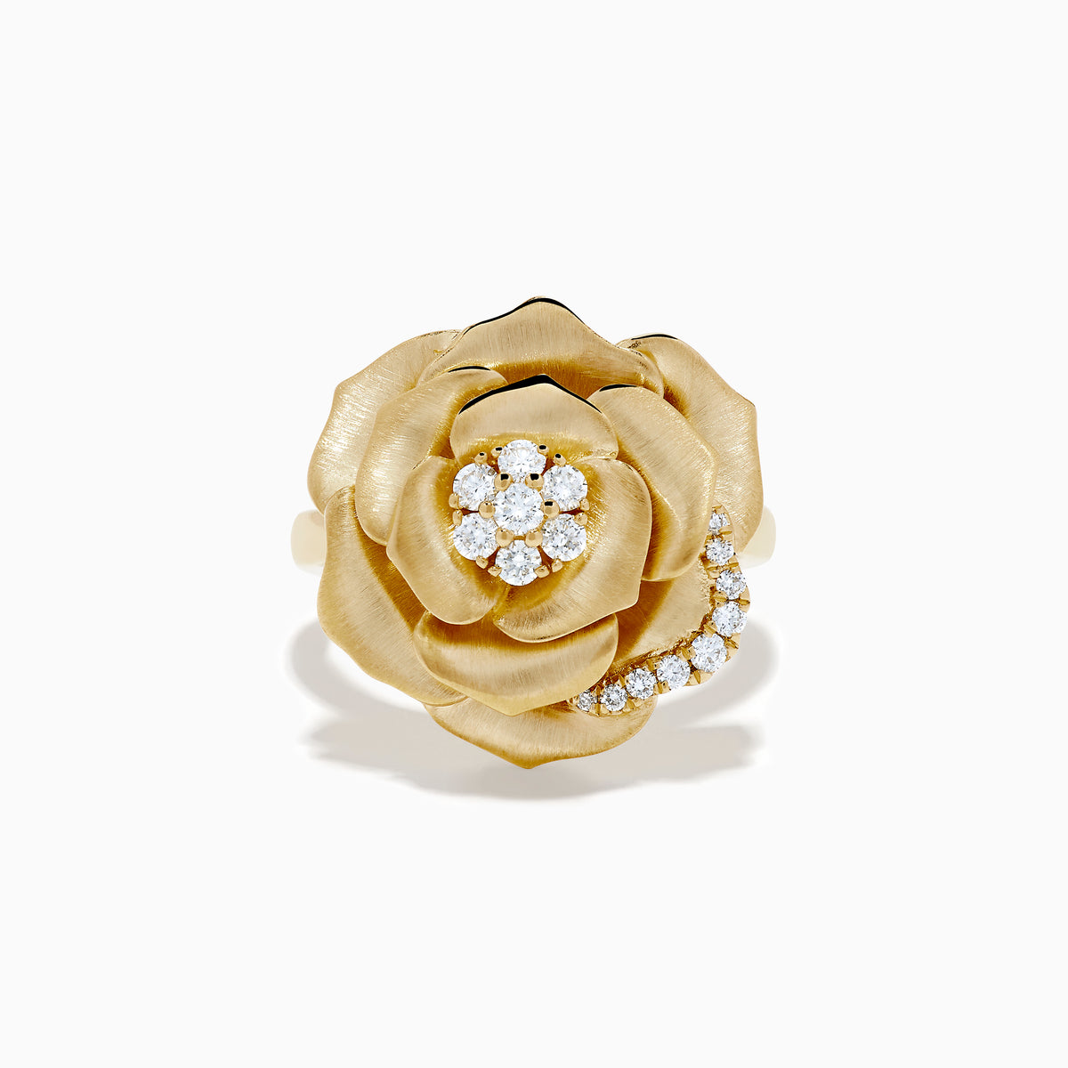 The 14K Yellow Gold Brushed Diamond Rose Flower Ring features diamond accents on petal edges and a cluster at the center, all in a blooming rose design against a white background.