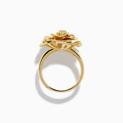 The 14K Yellow Gold Brushed Diamond Rose Flower Ring features diamond accents on petal edges and a cluster at the center, all in a blooming rose design against a white background.