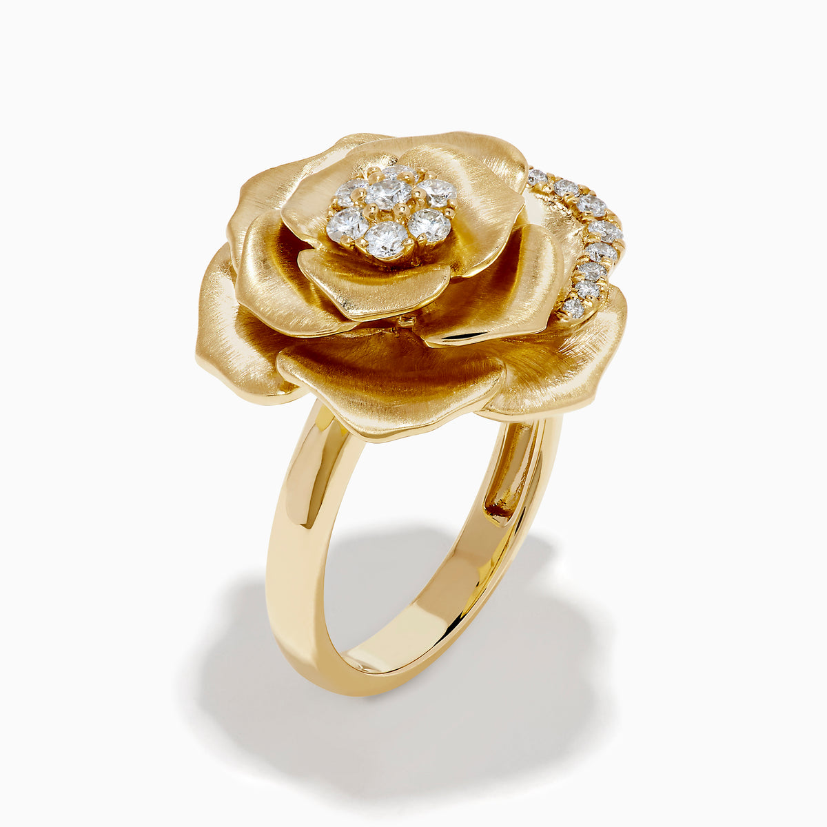 The 14K Yellow Gold Brushed Diamond Rose Flower Ring features diamond accents on petal edges and a cluster at the center, all in a blooming rose design against a white background.