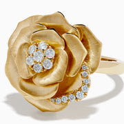 The 14K Yellow Gold Brushed Diamond Rose Flower Ring features diamond accents on petal edges and a cluster at the center, all in a blooming rose design against a white background.