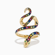 The Watercolors 14K Yellow Gold Multi Sapphire Snake Ring features a coiled serpent design with multi sapphires along its body and small diamonds on the head, set against a white background.