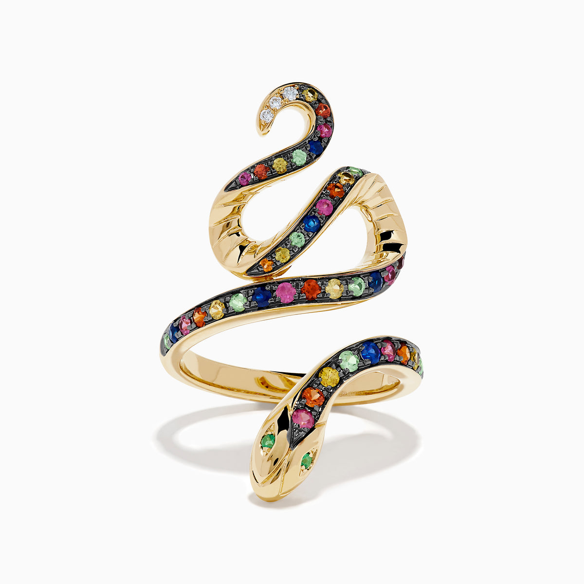 The Watercolors 14K Yellow Gold Multi Sapphire Snake Ring features a coiled serpent design with multi sapphires along its body and small diamonds on the head, set against a white background.