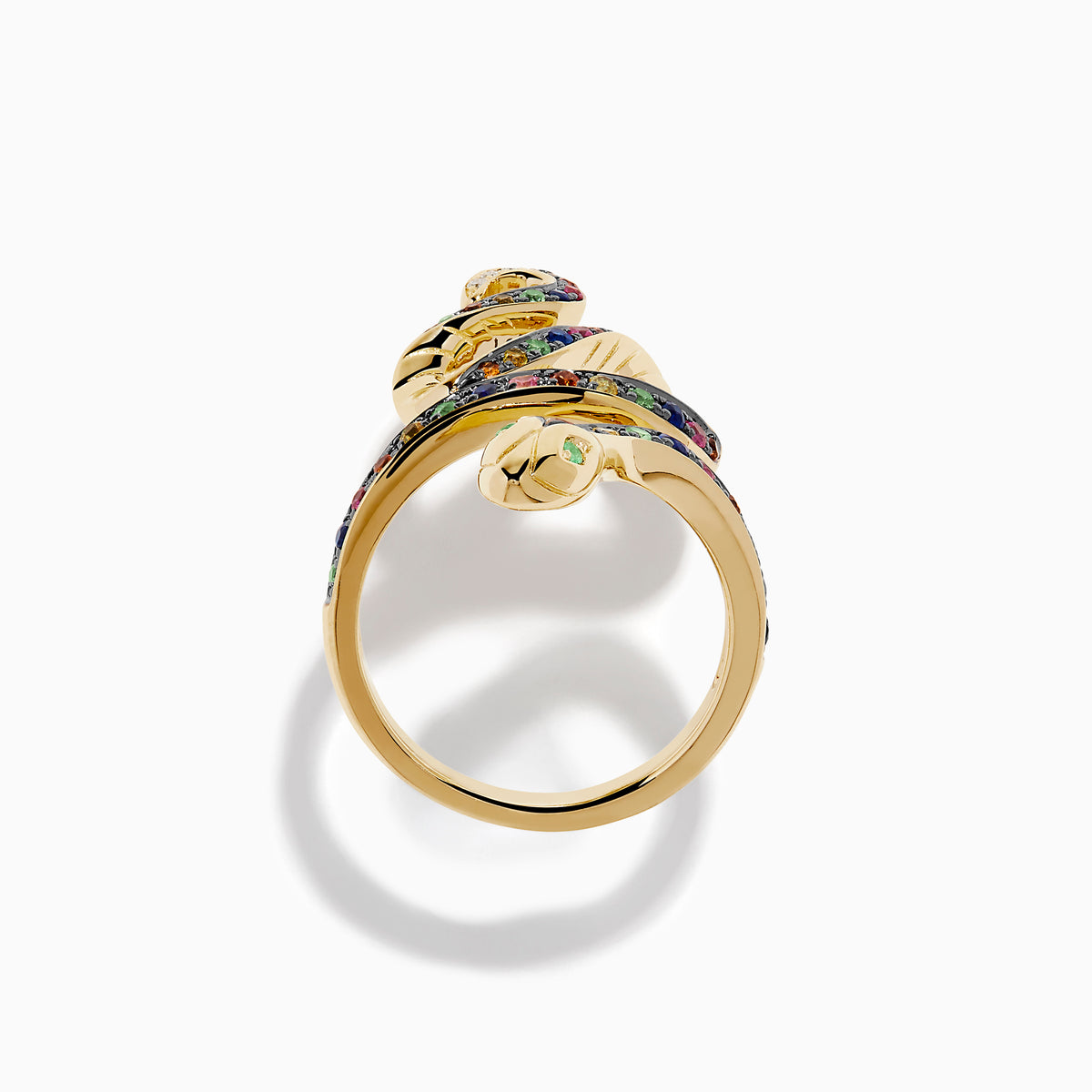 The Watercolors 14K Yellow Gold Multi Sapphire Snake Ring features a coiled serpent design with multi sapphires along its body and small diamonds on the head, set against a white background.