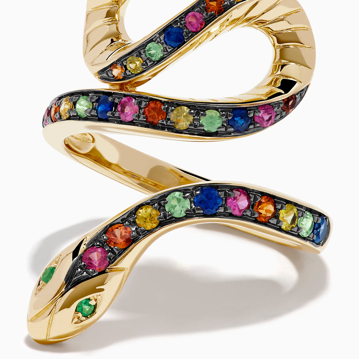 The Watercolors 14K Yellow Gold Multi Sapphire Snake Ring features a coiled serpent design with multi sapphires along its body and small diamonds on the head, set against a white background.