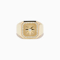 The Men's 14K Yellow Gold Diamond Star Ring features a square face with a starburst design, a central diamond, and a border of small round diamonds—perfect for showcasing refined style.