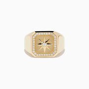 The Men's 14K Yellow Gold Diamond Star Ring features a square face with a starburst design, a central diamond, and a border of small round diamonds—perfect for showcasing refined style.