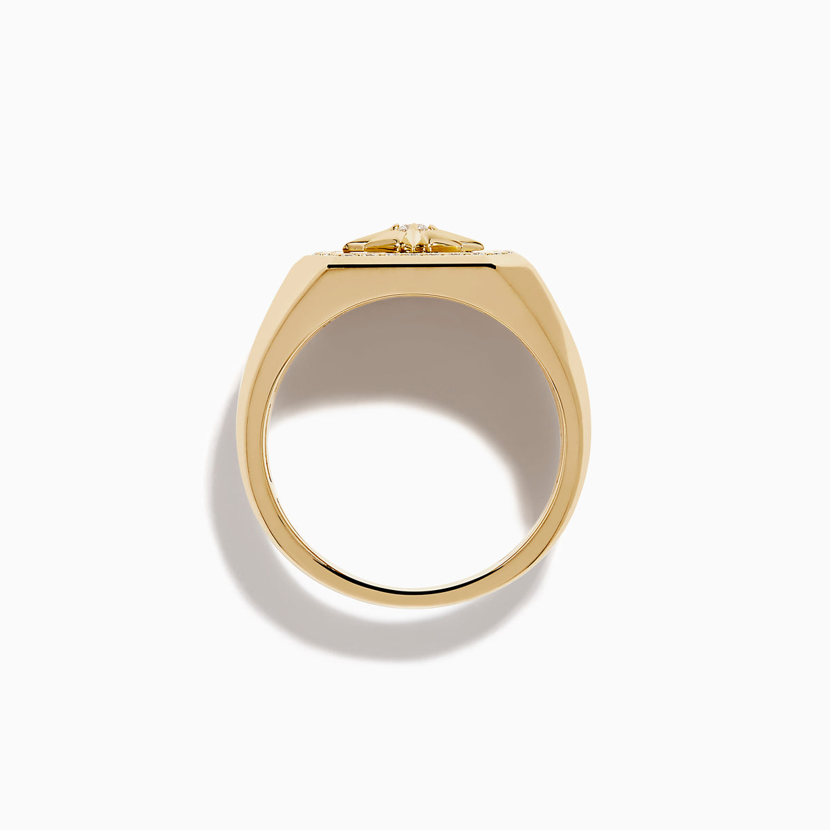 The Men's 14K Yellow Gold Diamond Star Ring features a square face with a starburst design, a central diamond, and a border of small round diamonds—perfect for showcasing refined style.
