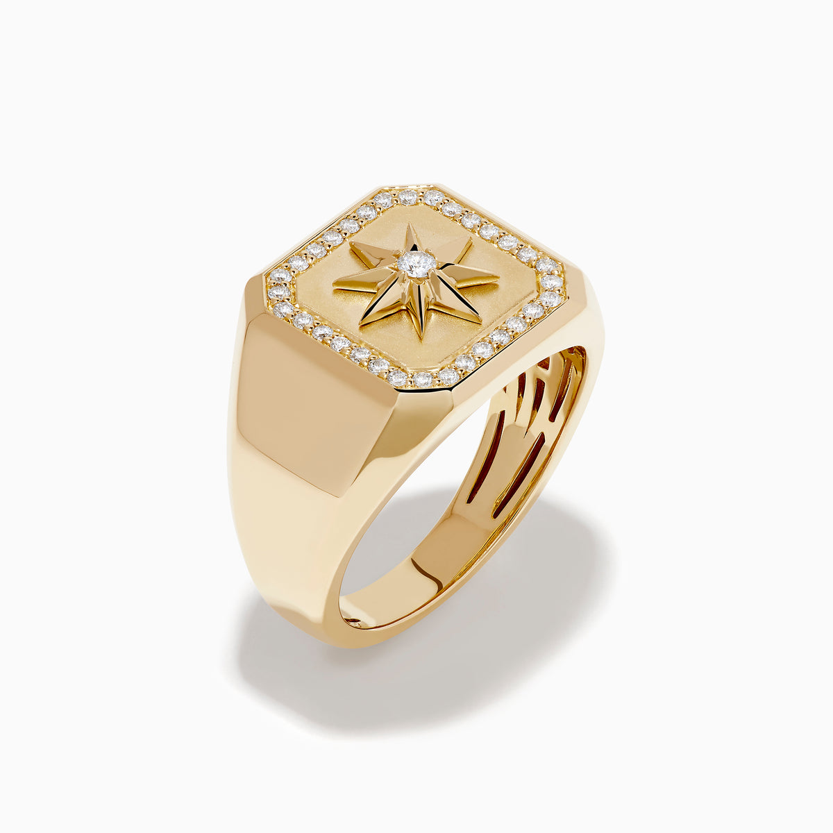 The Men's 14K Yellow Gold Diamond Star Ring features a square face with a starburst design, a central diamond, and a border of small round diamonds—perfect for showcasing refined style.