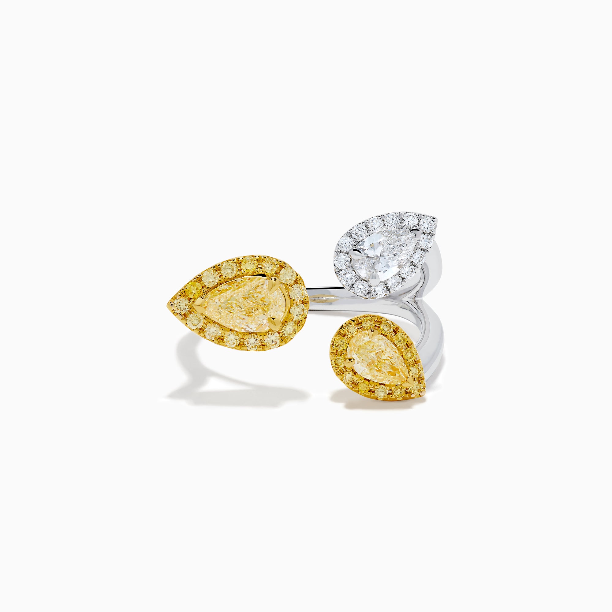 The 18K Two Tone Open Shank Yellow and White Diamond Pear Bouquet Ring features an open band with yellow gemstones bordered by smaller yellow gems and a white gemstone encircled by white diamonds.