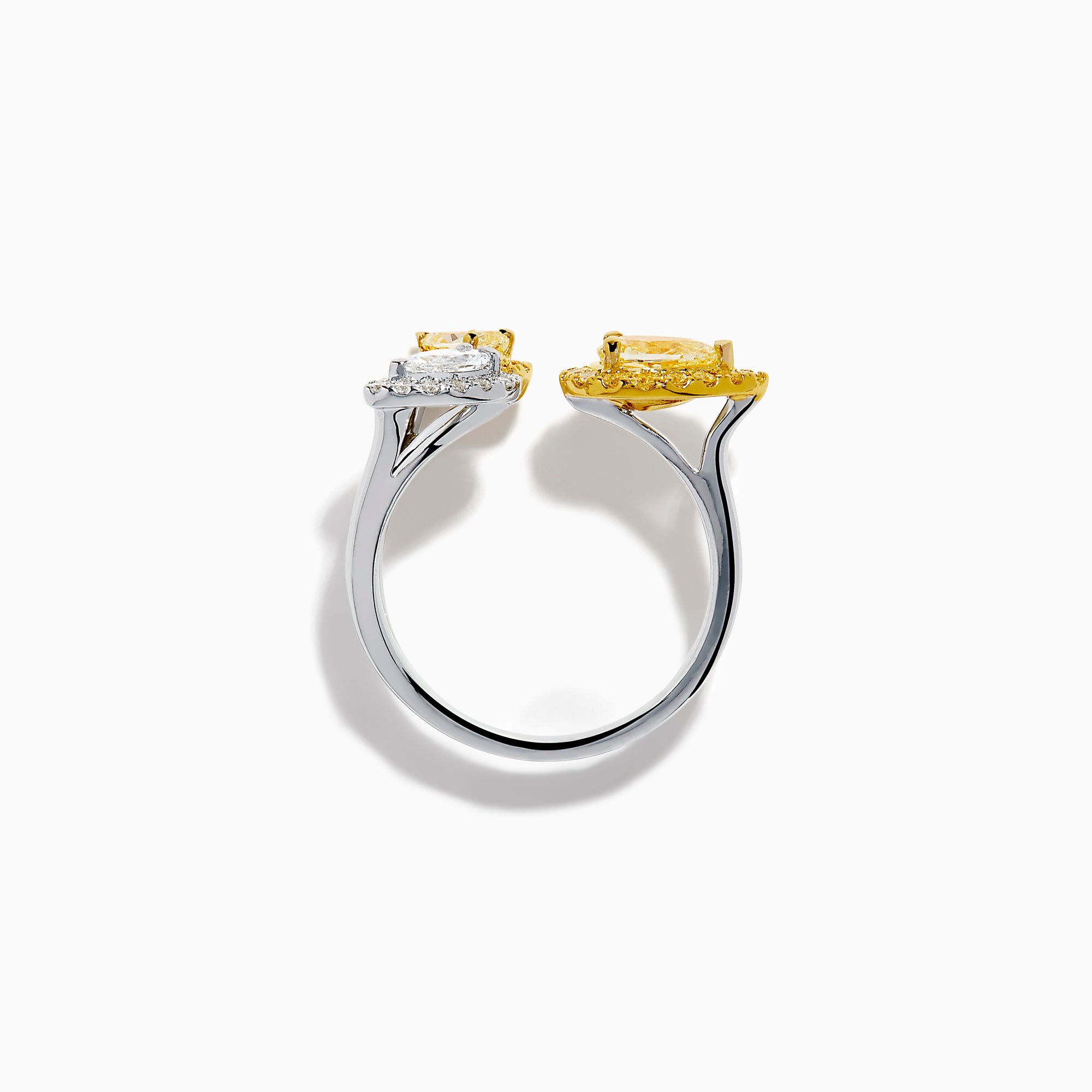 The 18K Two Tone Open Shank Yellow and White Diamond Pear Bouquet Ring features an open band with yellow gemstones bordered by smaller yellow gems and a white gemstone encircled by white diamonds.