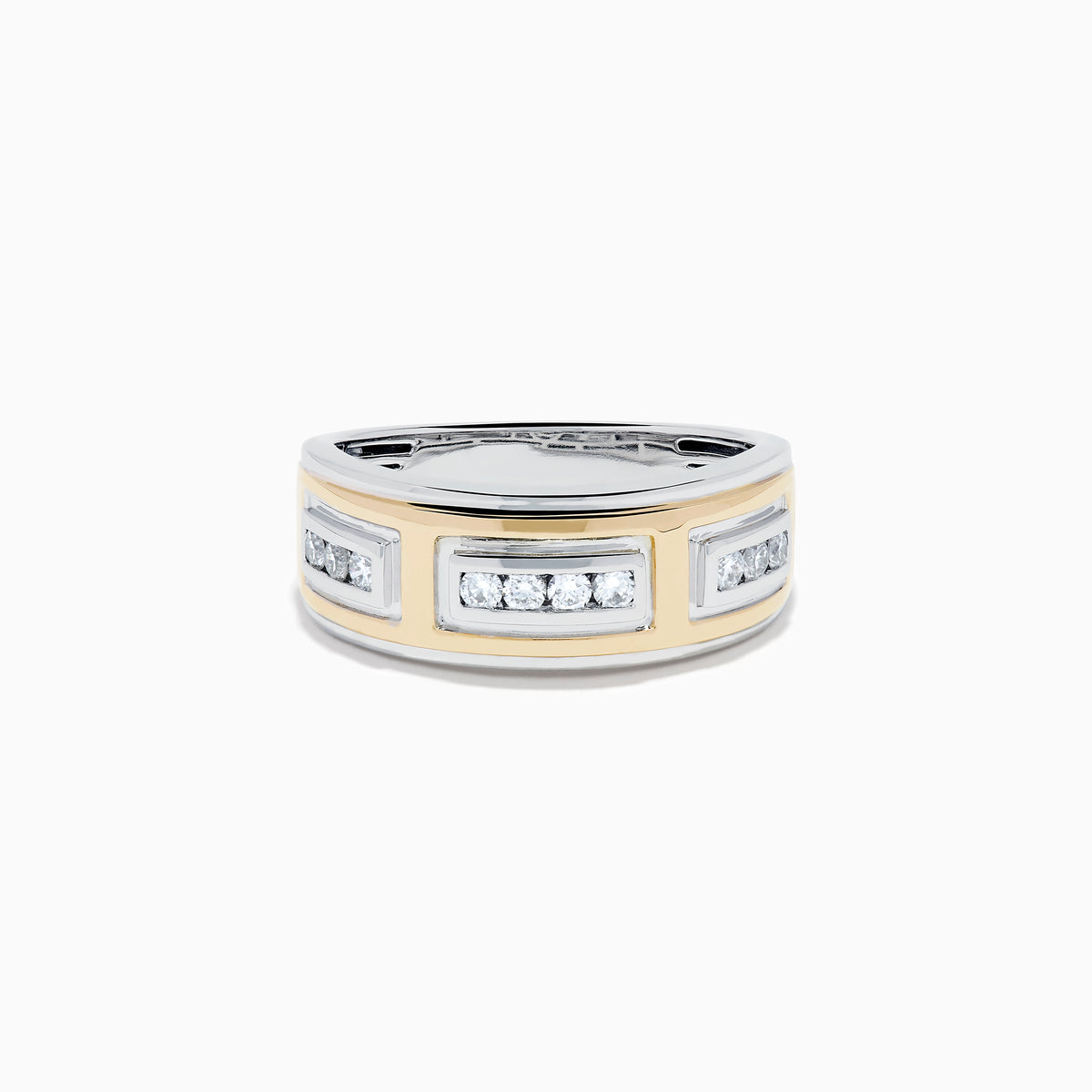 The Men's 14K Two Tone Gold Diamond Channel Set Ring has rectangular yellow and white gold sections set with small round diamonds, shown on a white background. Perfect as a stylish men’s gold or diamond channel set ring.