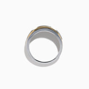 The Men's 14K Two Tone Gold Diamond Channel Set Ring has rectangular yellow and white gold sections set with small round diamonds, shown on a white background. Perfect as a stylish men’s gold or diamond channel set ring.