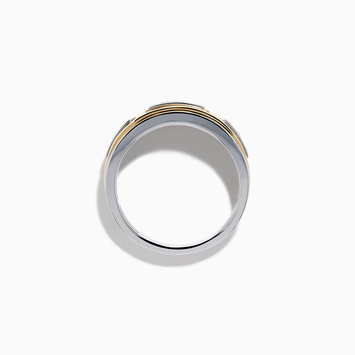 The Men's 14K Two Tone Gold Diamond Channel Set Ring has rectangular yellow and white gold sections set with small round diamonds, shown on a white background. Perfect as a stylish men’s gold or diamond channel set ring.