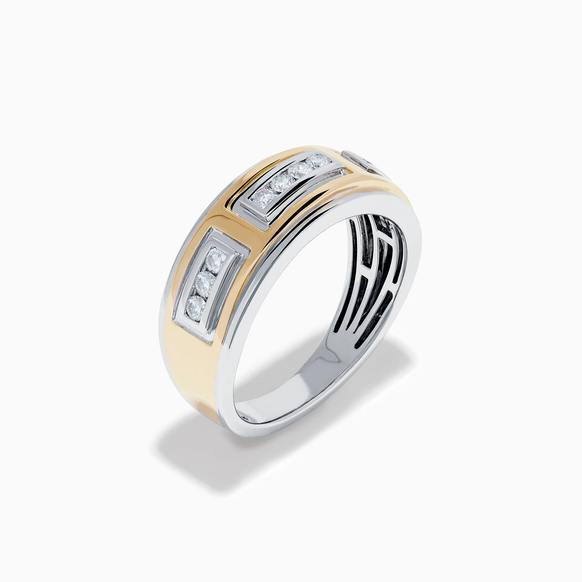 The Men's 14K Two Tone Gold Diamond Channel Set Ring has rectangular yellow and white gold sections set with small round diamonds, shown on a white background. Perfect as a stylish men’s gold or diamond channel set ring.