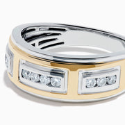 The Men's 14K Two Tone Gold Diamond Channel Set Ring has rectangular yellow and white gold sections set with small round diamonds, shown on a white background. Perfect as a stylish men’s gold or diamond channel set ring.