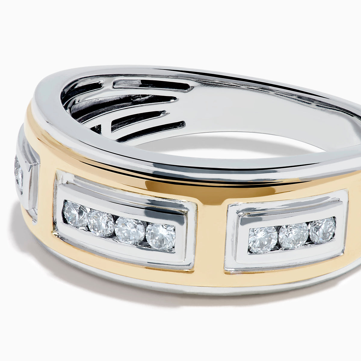 The Men's 14K Two Tone Gold Diamond Channel Set Ring has rectangular yellow and white gold sections set with small round diamonds, shown on a white background. Perfect as a stylish men’s gold or diamond channel set ring.