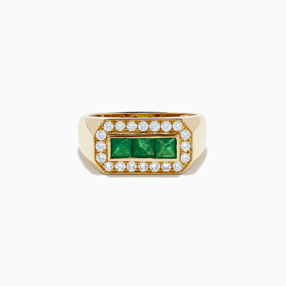 The Men's 14K Yellow Gold Emerald and Diamond Ring showcases three rectangular green emeralds at the center, bordered by round diamonds in an elegant octagonal design.