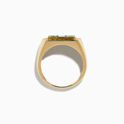 The Men's 14K Yellow Gold Emerald and Diamond Ring showcases three rectangular green emeralds at the center, bordered by round diamonds in an elegant octagonal design.
