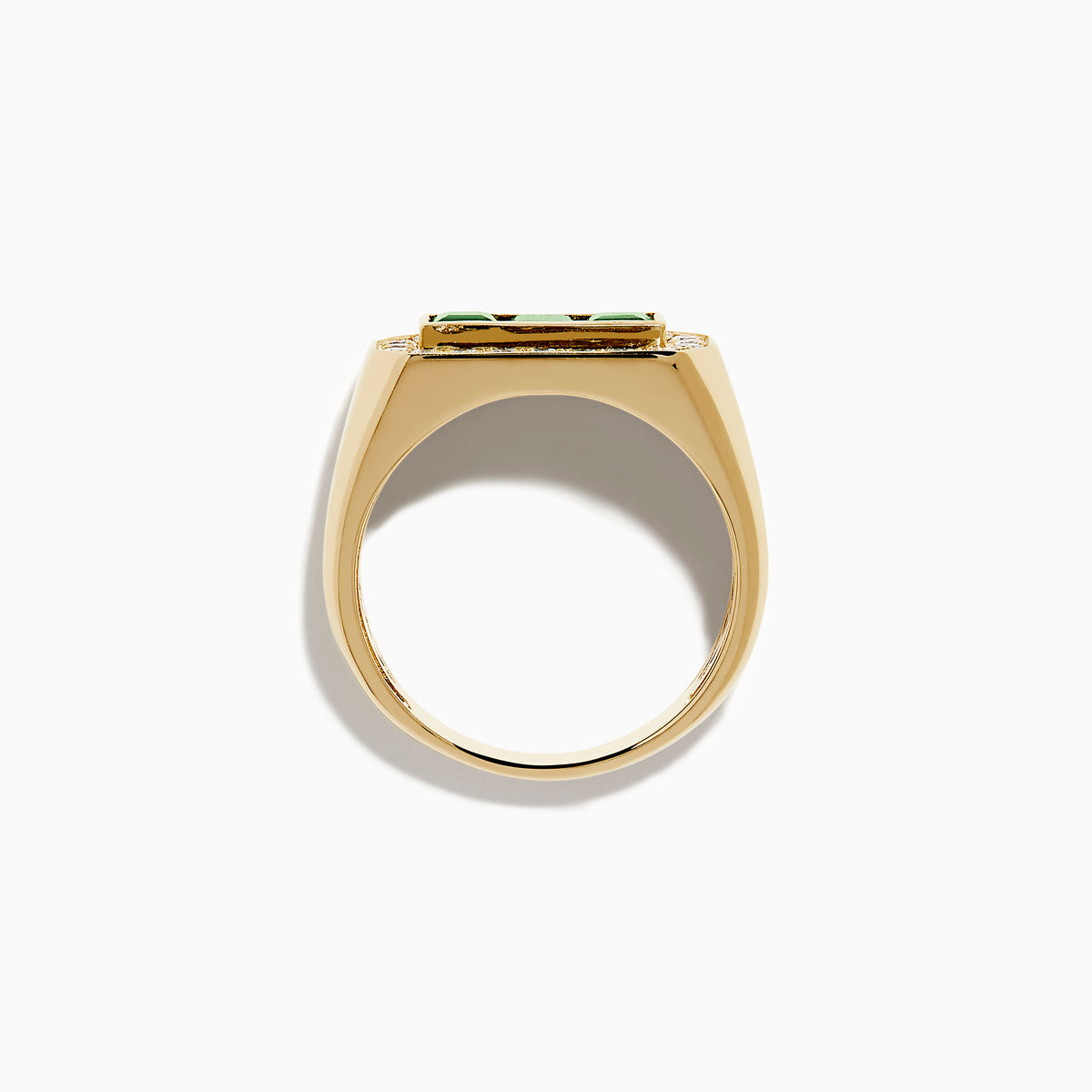 The Men's 14K Yellow Gold Emerald and Diamond Ring showcases three rectangular green emeralds at the center, bordered by round diamonds in an elegant octagonal design.