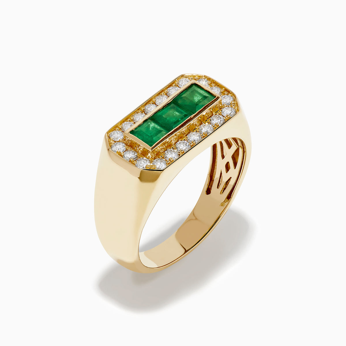 The Men's 14K Yellow Gold Emerald and Diamond Ring showcases three rectangular green emeralds at the center, bordered by round diamonds in an elegant octagonal design.