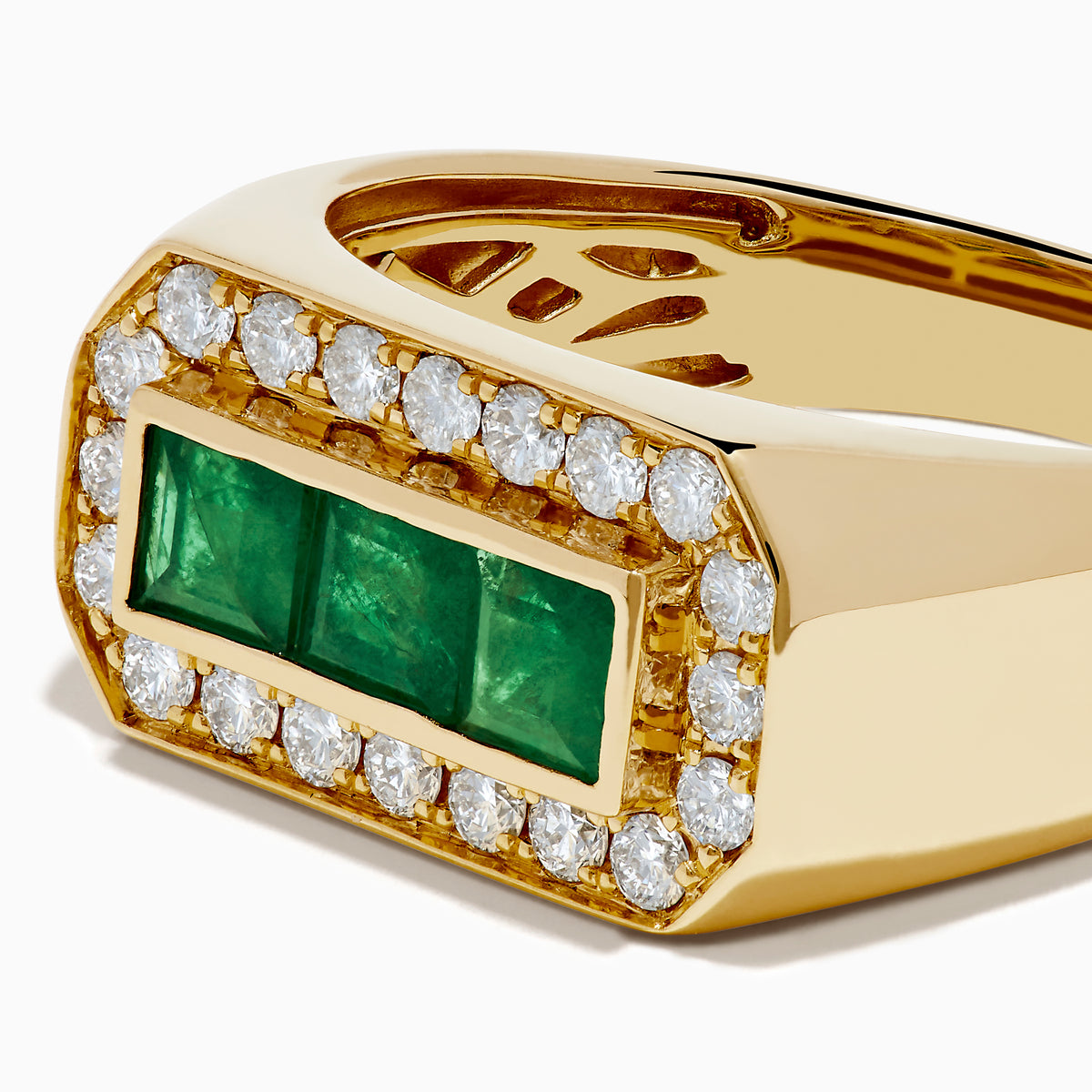 The Men's 14K Yellow Gold Emerald and Diamond Ring showcases three rectangular green emeralds at the center, bordered by round diamonds in an elegant octagonal design.