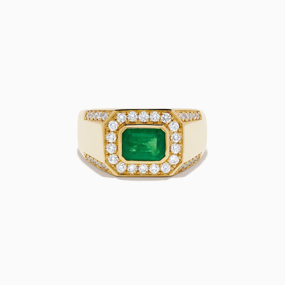 The Men's 14K Yellow Gold Emerald Signet Ring features a rectangular green emerald center, double diamond halo, and side diamonds along the band.