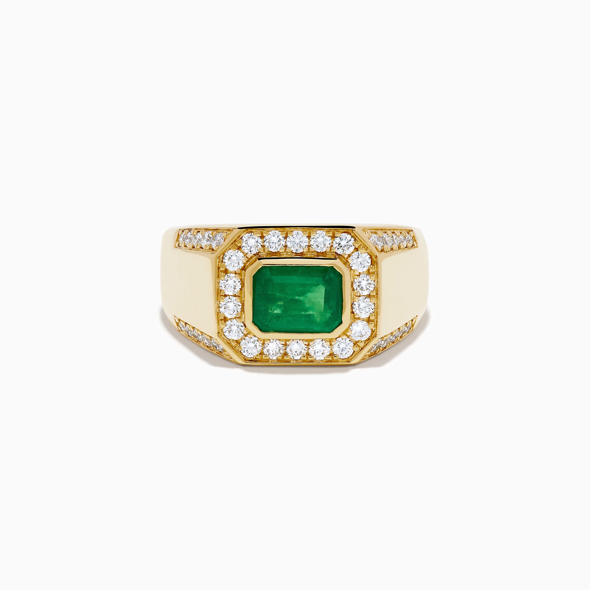 The Men's 14K Yellow Gold Emerald Signet Ring features a rectangular green emerald center, double diamond halo, and side diamonds along the band.