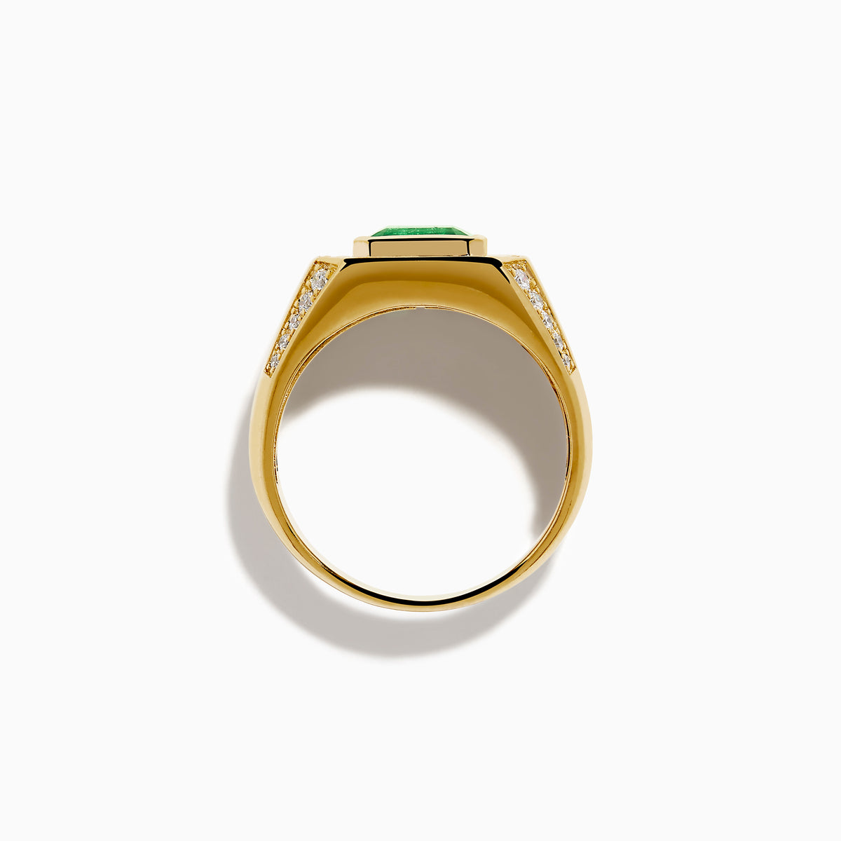 The Men's 14K Yellow Gold Emerald Signet Ring features a rectangular green emerald center, double diamond halo, and side diamonds along the band.