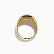 The Men's 14K Yellow Gold Emerald Signet Ring features a rectangular green emerald center, double diamond halo, and side diamonds along the band.
