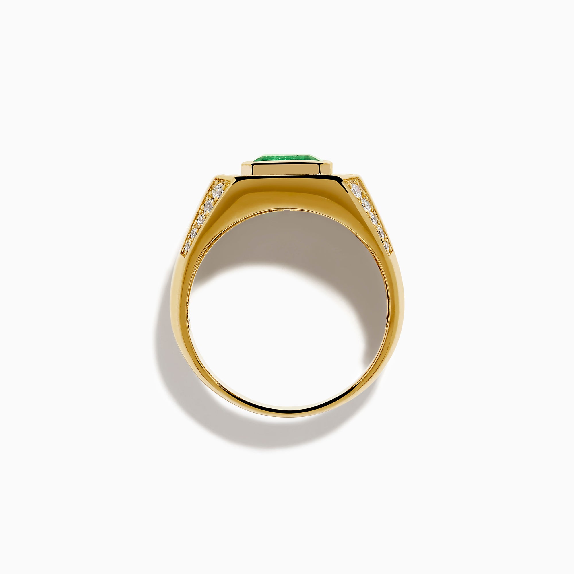 The Men's 14K Yellow Gold Emerald Signet Ring features a rectangular green emerald center, double diamond halo, and side diamonds along the band.