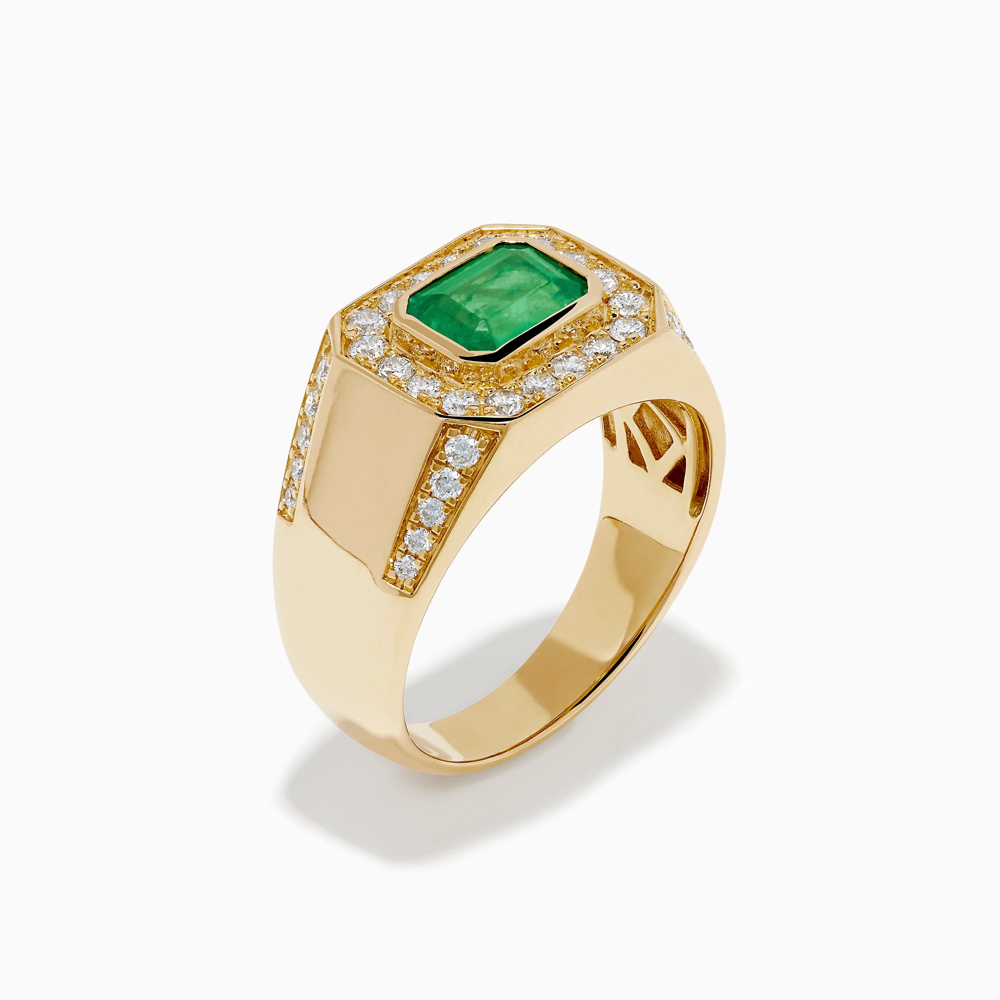 The Men's 14K Yellow Gold Emerald Signet Ring features a rectangular green emerald center, double diamond halo, and side diamonds along the band.