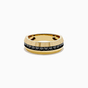 Men's 14K yellow gold channel set black diamond fluted band featuring a central row of black diamonds and fluted detailing along the top and bottom edges.