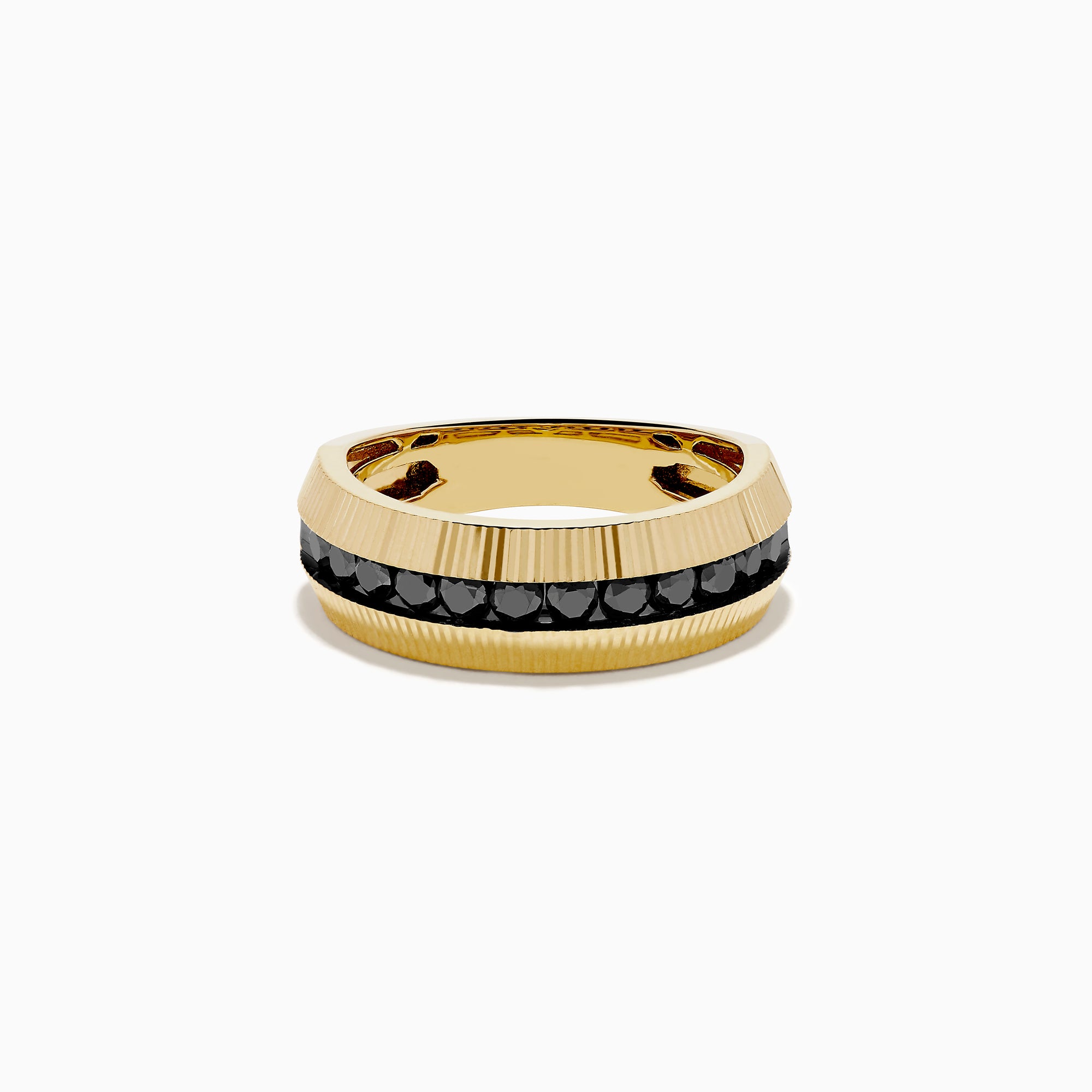 Men's 14K yellow gold channel set black diamond fluted band featuring a central row of black diamonds and fluted detailing along the top and bottom edges.