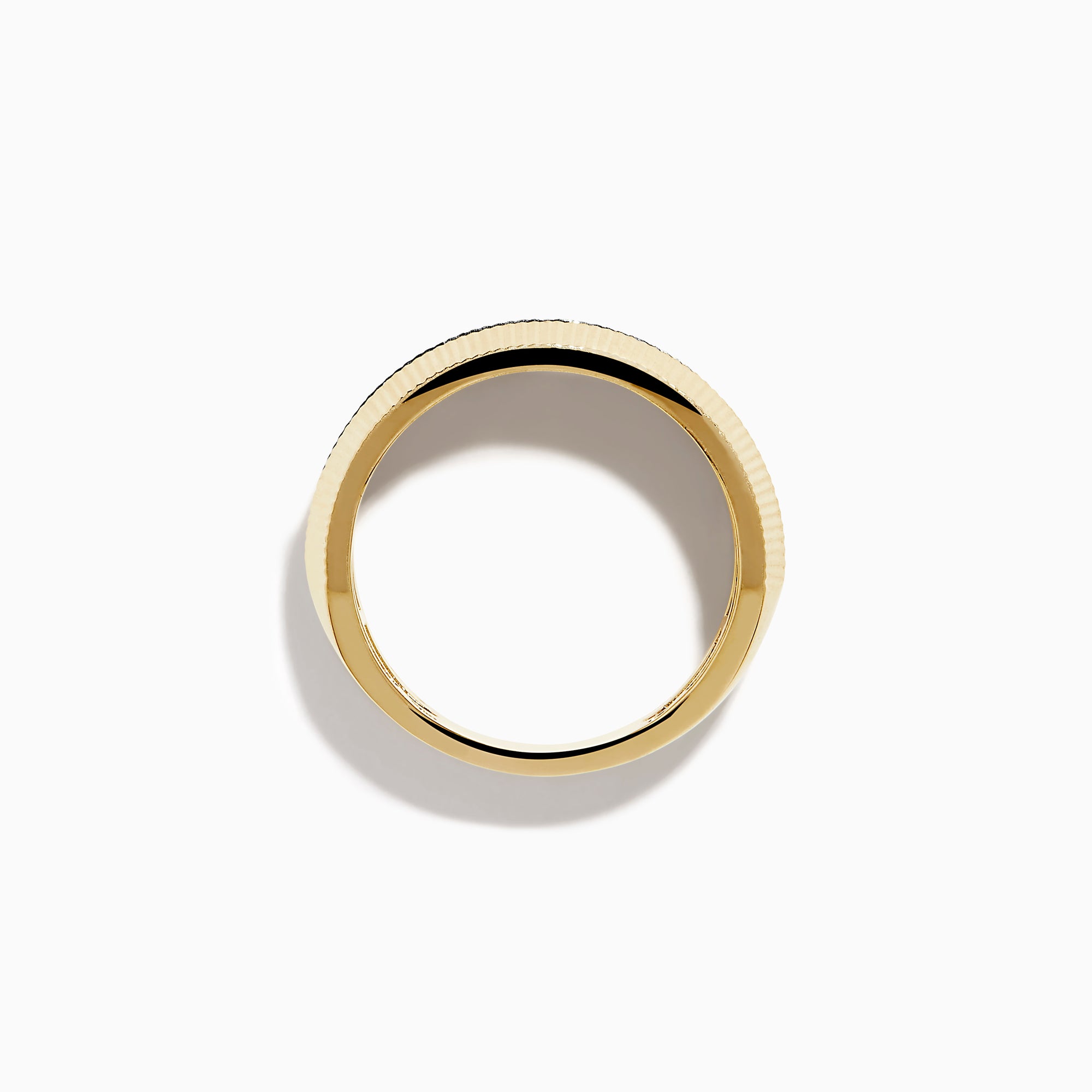 Men's 14K yellow gold channel set black diamond fluted band featuring a central row of black diamonds and fluted detailing along the top and bottom edges.