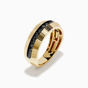 Men's 14K yellow gold channel set black diamond fluted band featuring a central row of black diamonds and fluted detailing along the top and bottom edges.