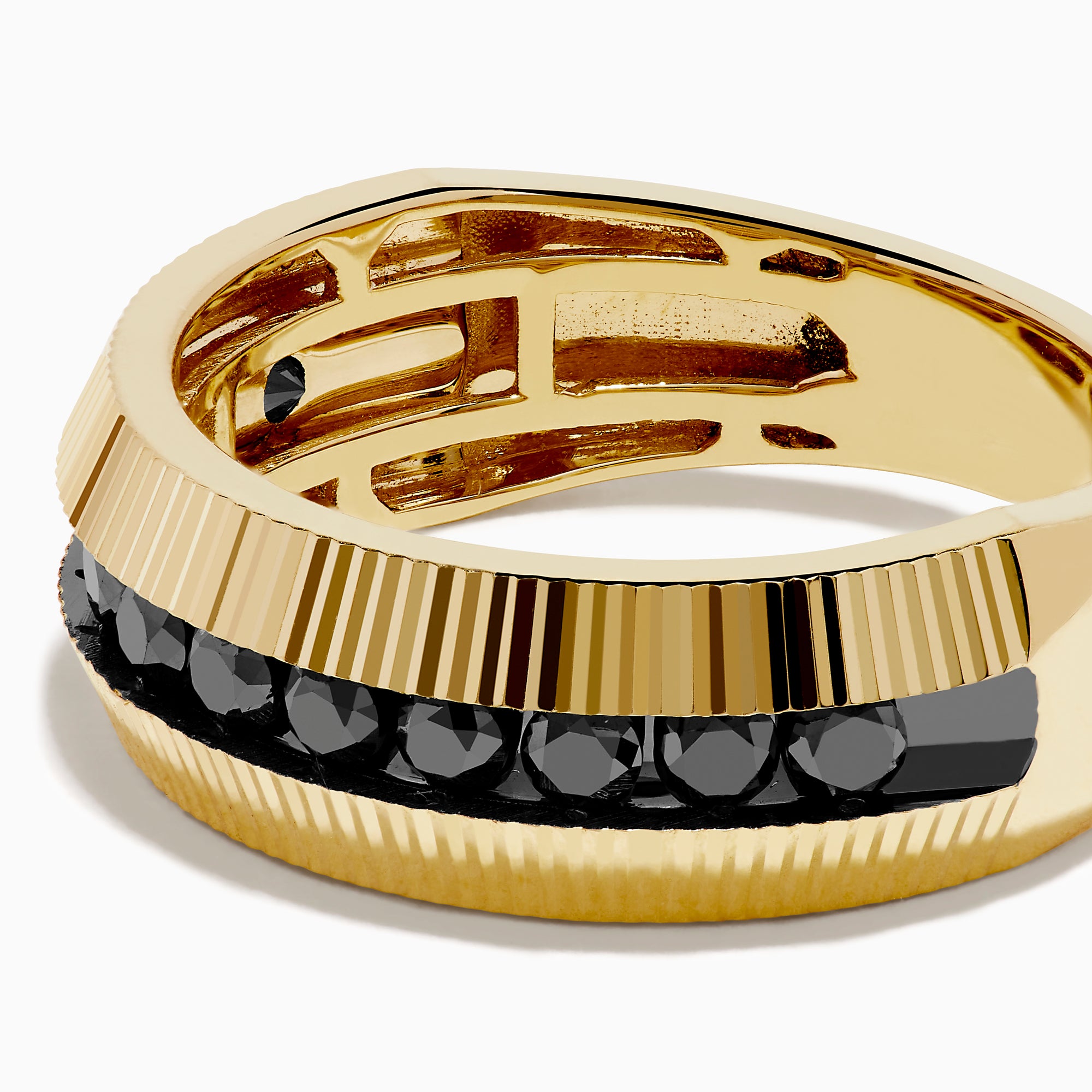 Men's 14K yellow gold channel set black diamond fluted band featuring a central row of black diamonds and fluted detailing along the top and bottom edges.
