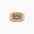 The Men's 14K Yellow Gold Brown Diamond Signet Ring showcases a rectangular face with rows of brown diamonds, surrounded by a white diamond halo of baguette-cut stones.