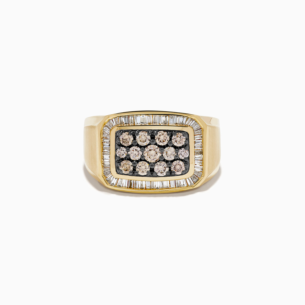 The Men's 14K Yellow Gold Brown Diamond Signet Ring showcases a rectangular face with rows of brown diamonds, surrounded by a white diamond halo of baguette-cut stones.