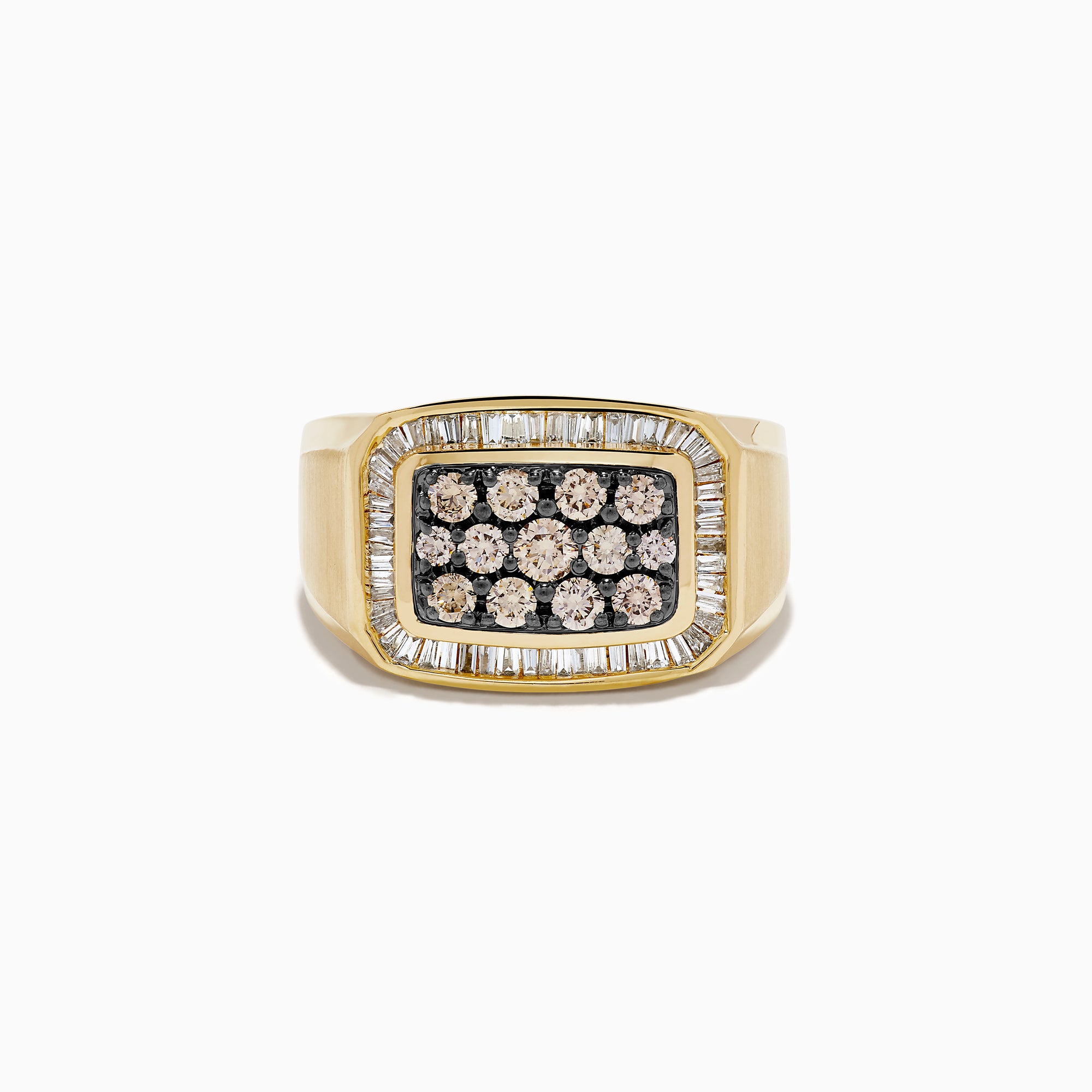 The Men's 14K Yellow Gold Brown Diamond Signet Ring showcases a rectangular face with rows of brown diamonds, surrounded by a white diamond halo of baguette-cut stones.