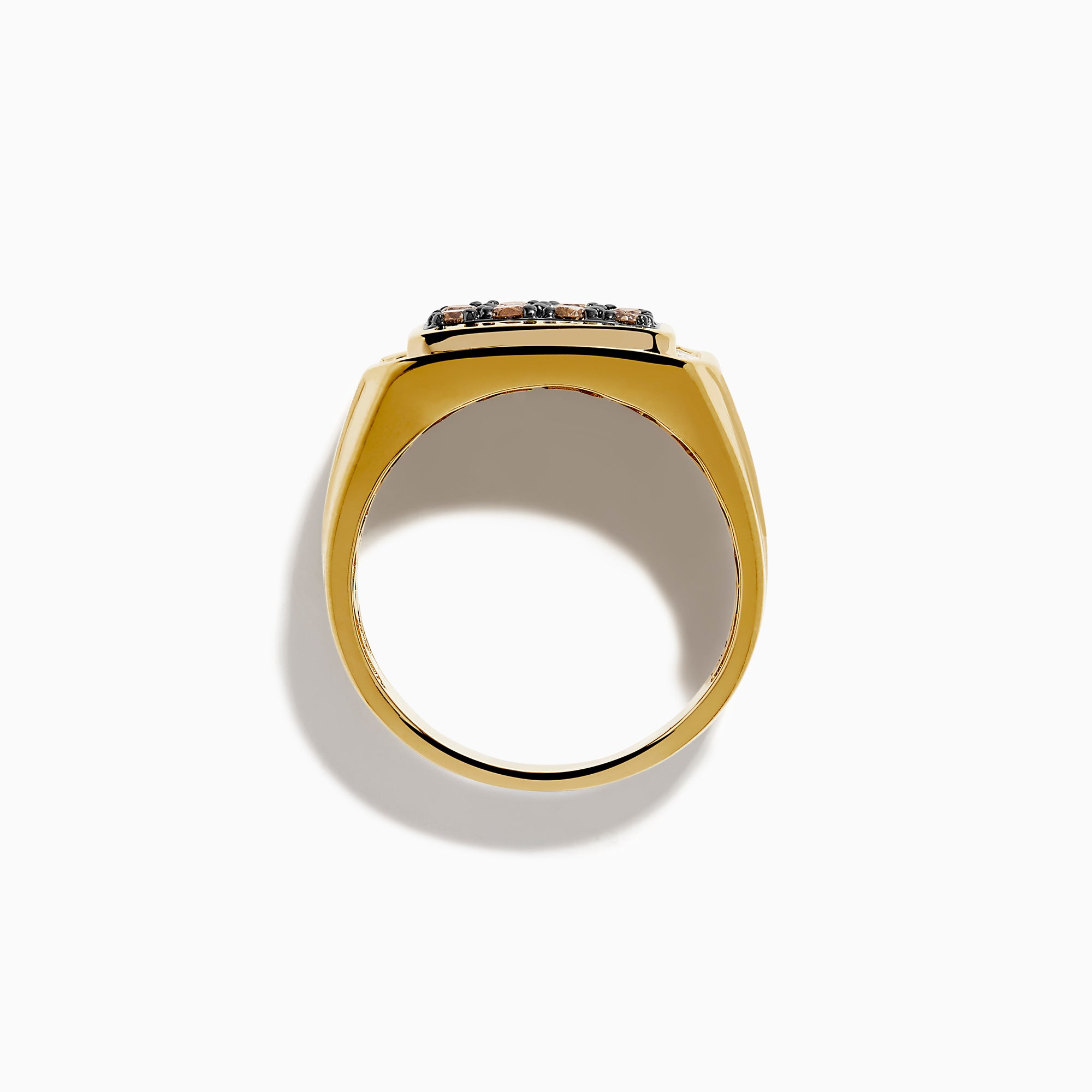 The Men's 14K Yellow Gold Brown Diamond Signet Ring showcases a rectangular face with rows of brown diamonds, surrounded by a white diamond halo of baguette-cut stones.