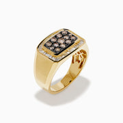 The Men's 14K Yellow Gold Brown Diamond Signet Ring showcases a rectangular face with rows of brown diamonds, surrounded by a white diamond halo of baguette-cut stones.