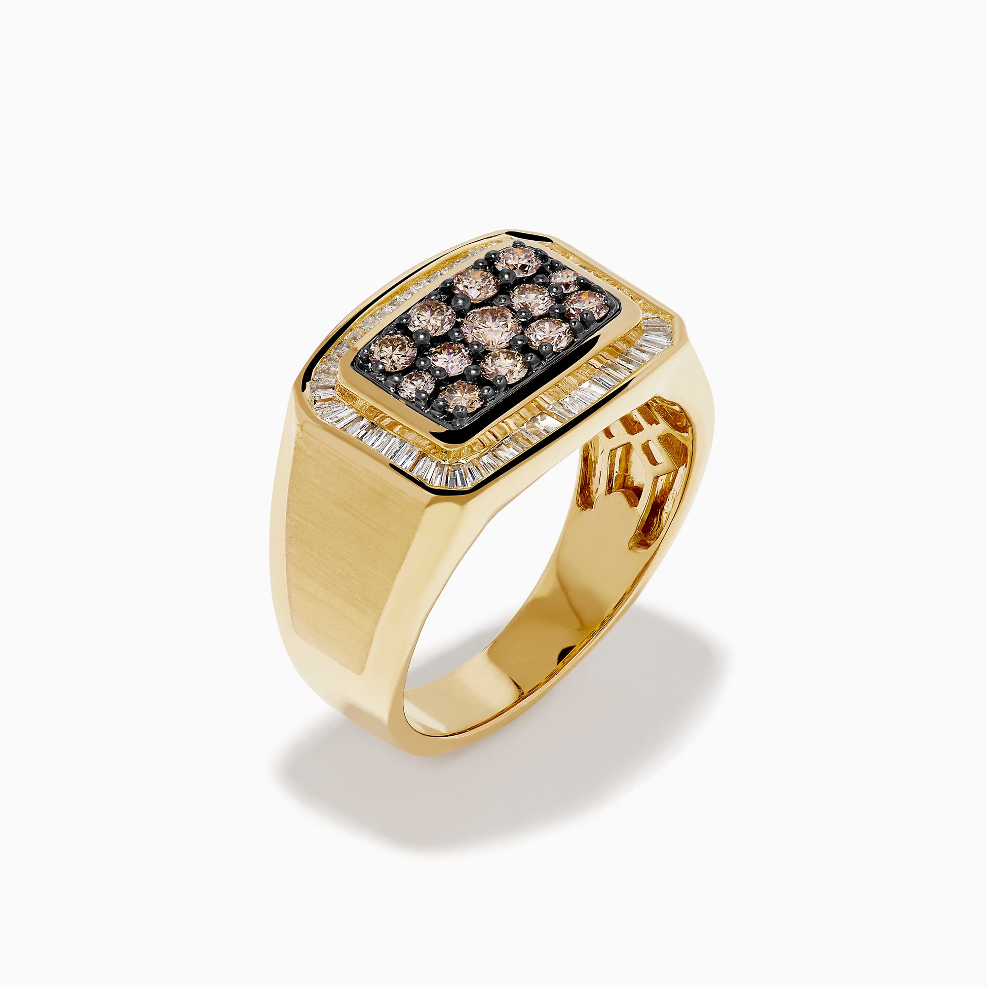The Men's 14K Yellow Gold Brown Diamond Signet Ring showcases a rectangular face with rows of brown diamonds, surrounded by a white diamond halo of baguette-cut stones.