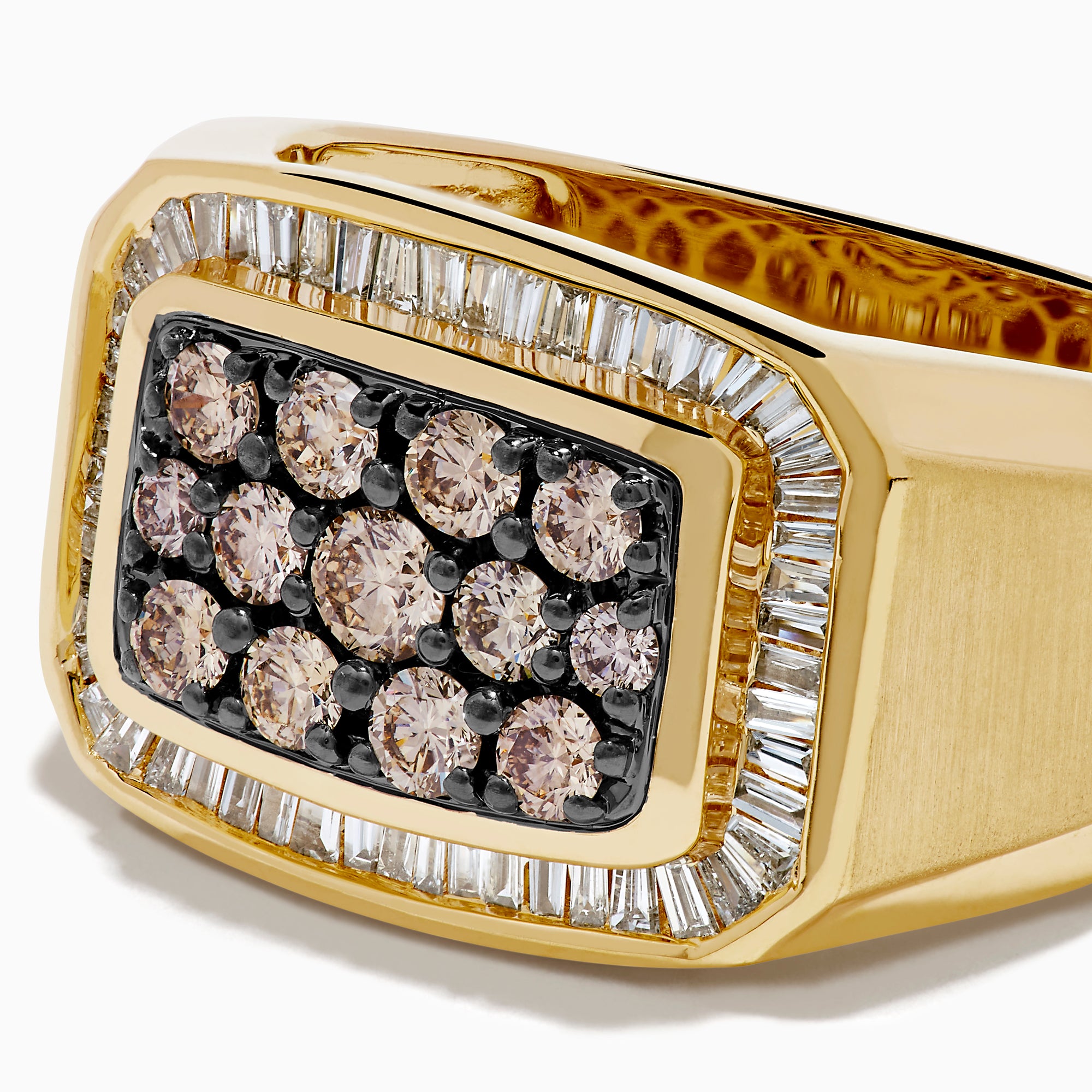 The Men's 14K Yellow Gold Brown Diamond Signet Ring showcases a rectangular face with rows of brown diamonds, surrounded by a white diamond halo of baguette-cut stones.
