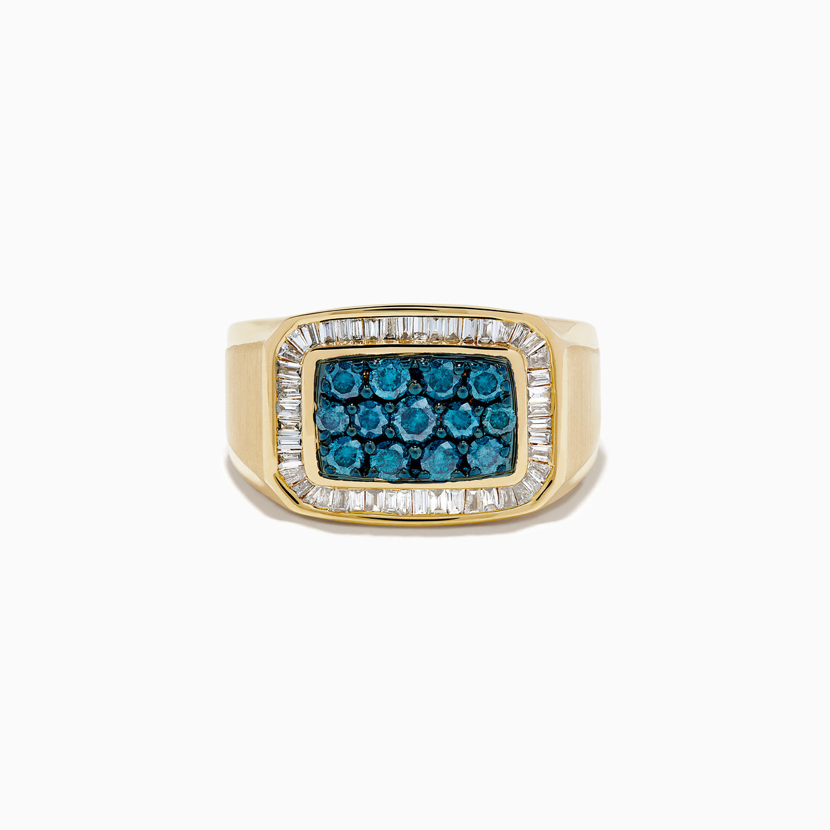 The Men's 14K Yellow Gold Blue Diamond Signet Ring features a rectangular face with clustered blue gems, framed by a baguette-cut white diamond halo.
